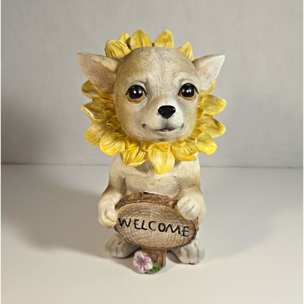 Chihuahua Dog Resin Figurine Holding "WELCOME" Sign with Sunflower Collar 6 in